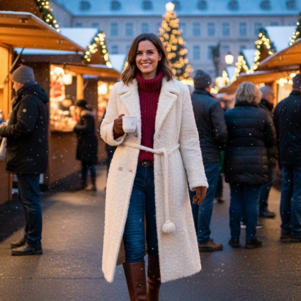 Elegant Cream Double-Breasted Women's Coat